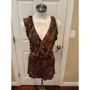 BCBG Max Azria Blue & Brown Floral Ruffle Trim Romper, Size Small